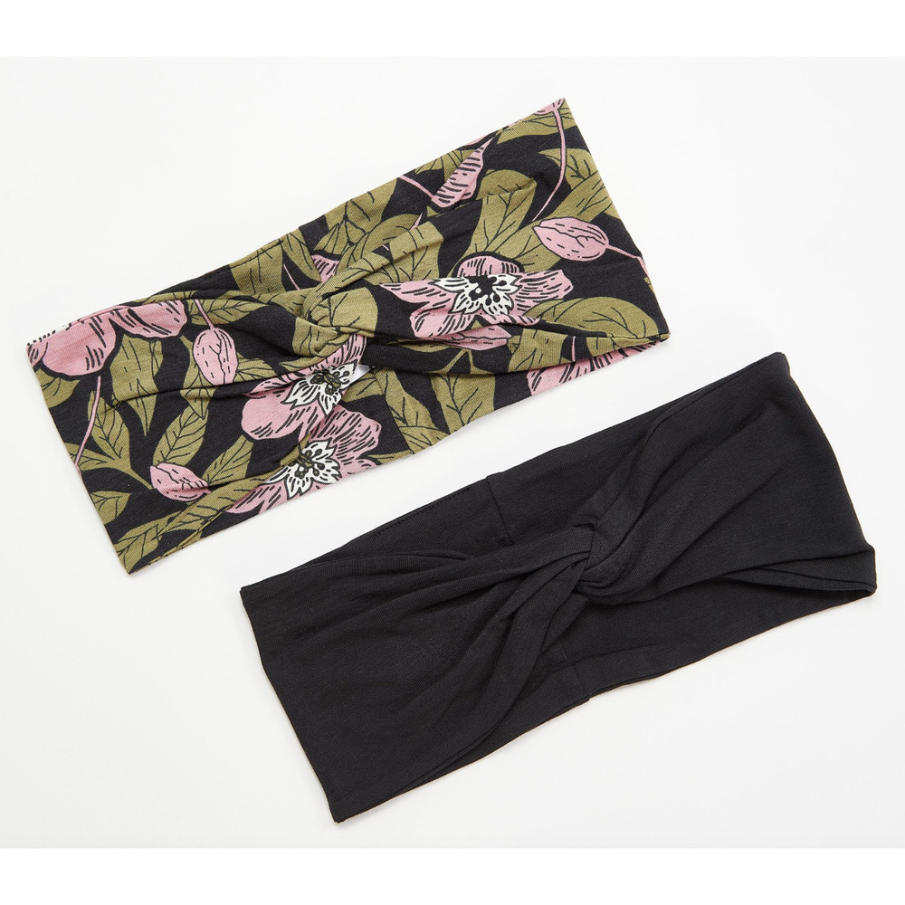 AnyBody Set of 2 Twisted Wrap HeadbandJet Black/Jet Black Floral One Size